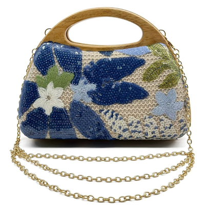 Pochette brodée bohème chic | Broderie florale & bois élégant