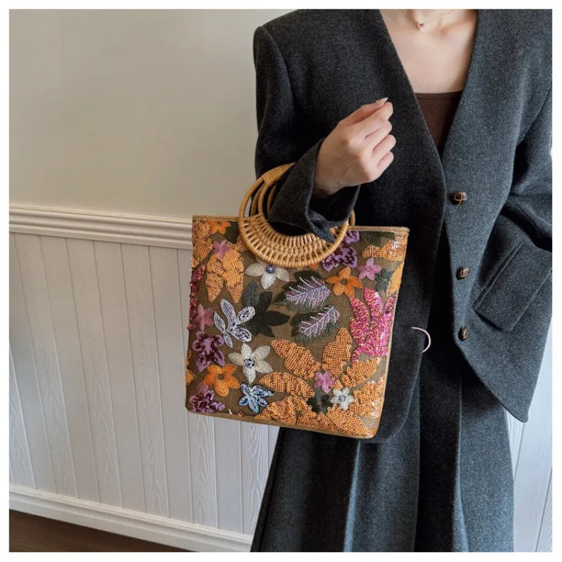 Sac Cabas Bohème Fleurs Pailletées | Elégance au naturel