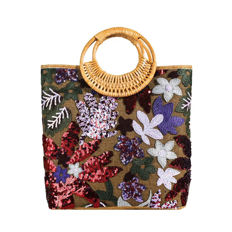Sac Cabas Bohème Fleurs Pailletées | Elégance au naturel