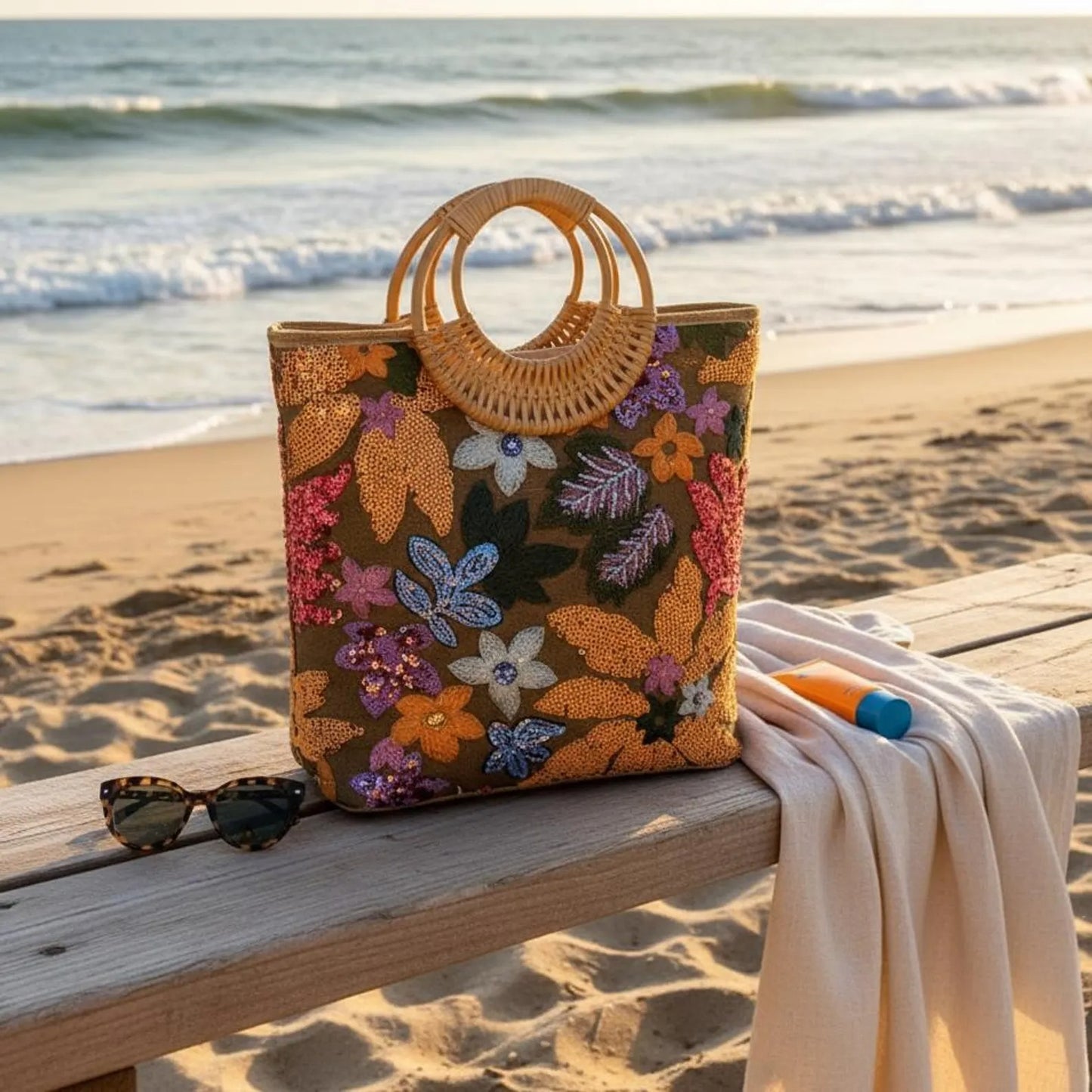 Sac Cabas Bohème Fleurs Pailletées | Elégance au naturel