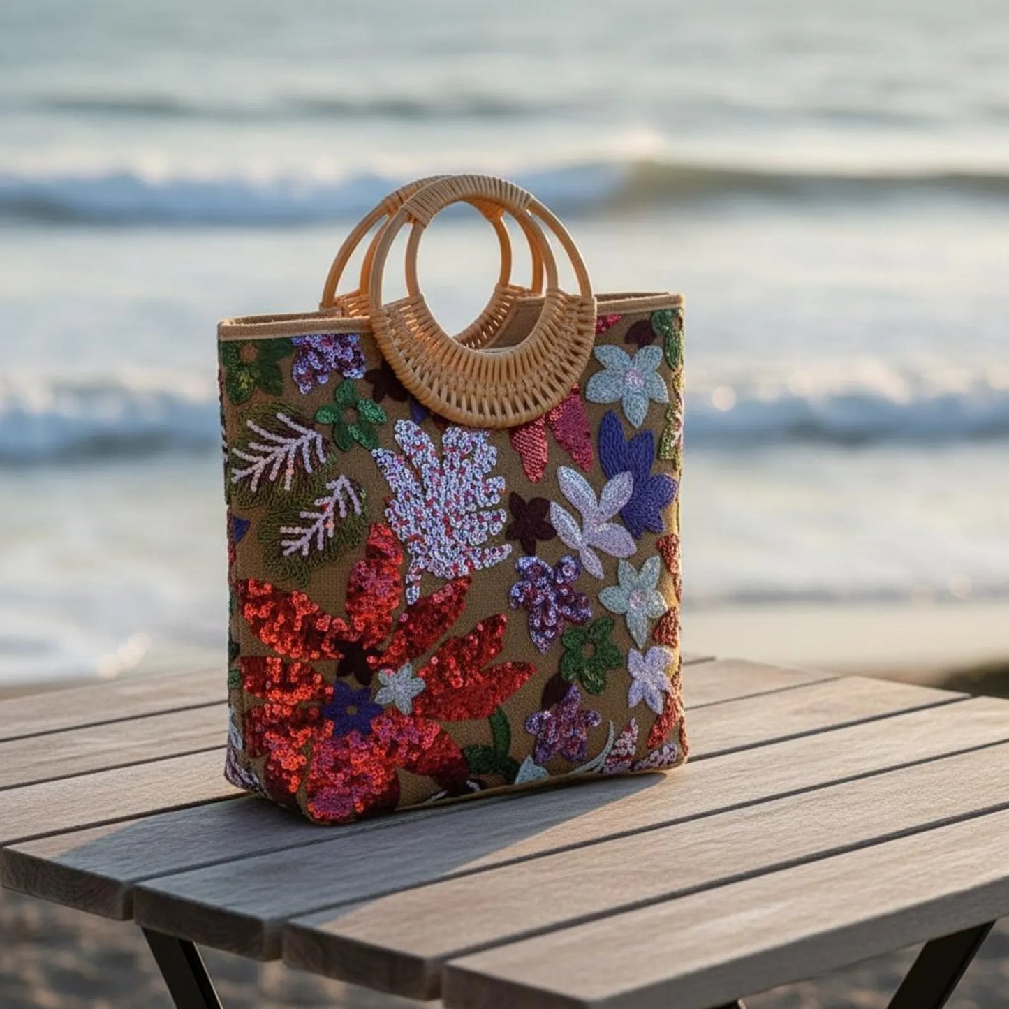 Sac Cabas Bohème Fleurs Pailletées | Elégance au naturel