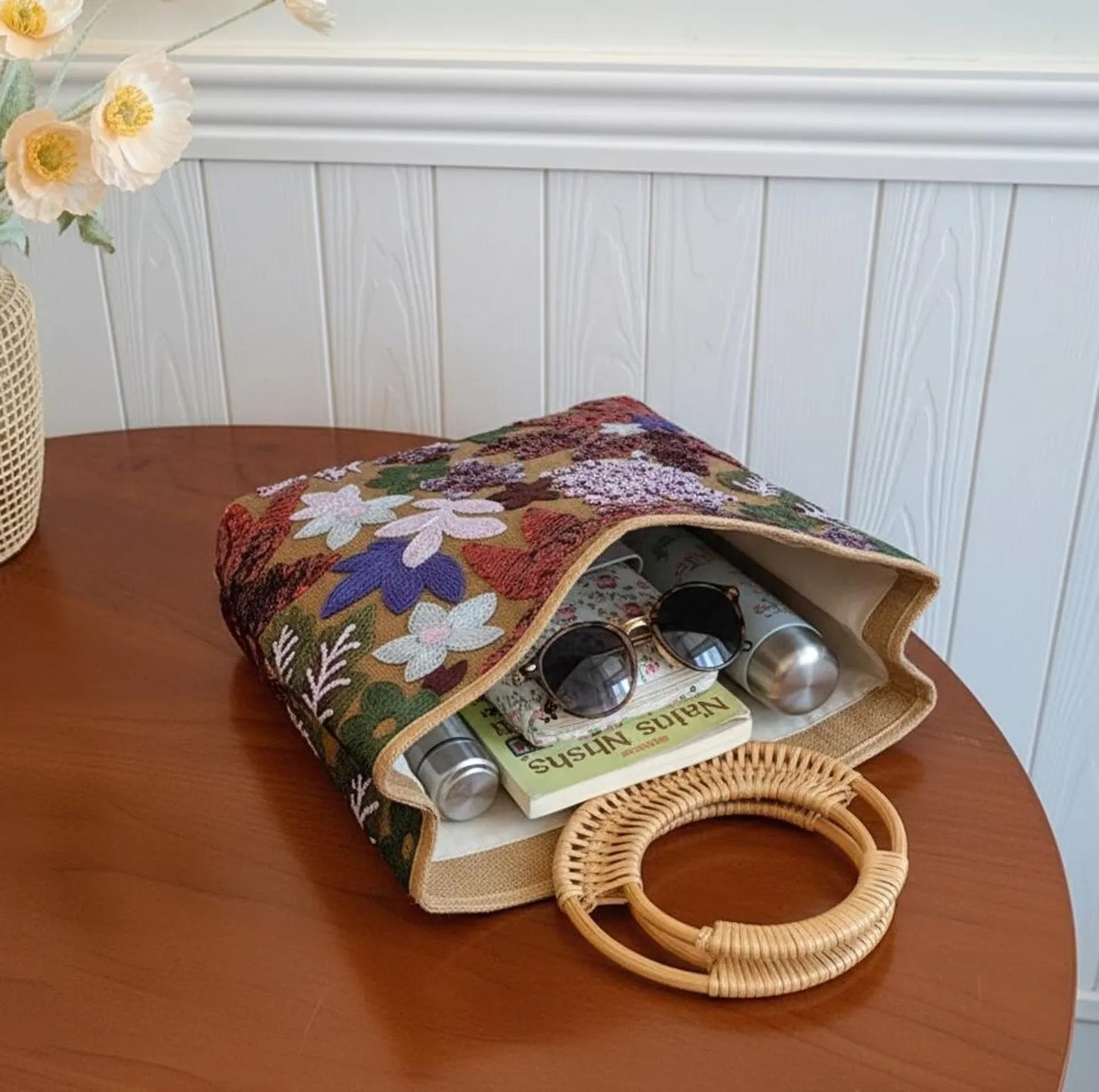 Sac Cabas Bohème Fleurs Pailletées | Elégance au naturel